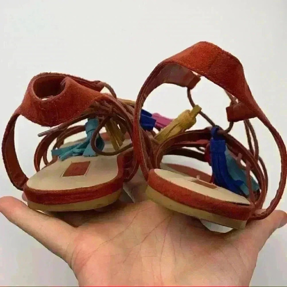 Forever 21 sandals size 8 39 burnt Orange faux suede tassel pom poms gladiator - Picture 9 of 13